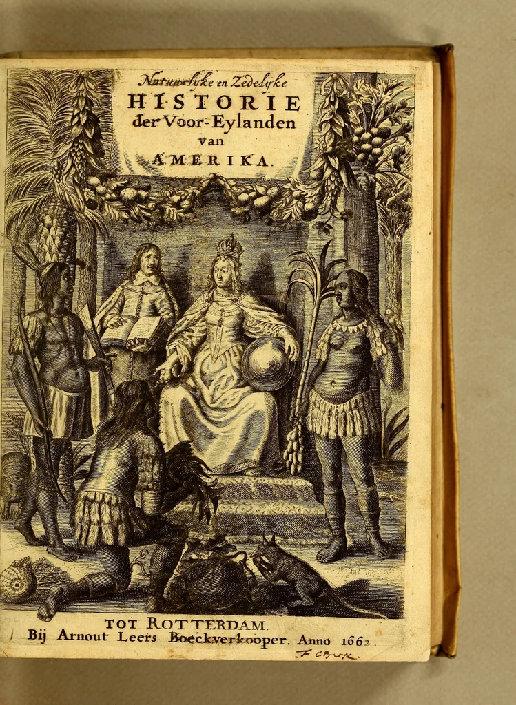 An illustration from Natuurlyke en zedelyke historie van d'eylanden de Voor-Eylanden van Amerika. : Verrijkt met vele schoone platen, die uytheelden d'aller-aanmerkelijkste seldsaamheden die'er in beschreven zijn. : Met eenen Caraïbaanschen Woorden-schat., 1662, leaf 5