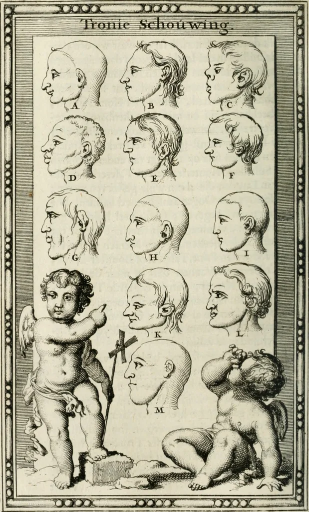 An illustration from Natuurlyk en schilderkonstig ontwerp der menschkunde : leerende niet alleen de kennis van de gestalte, proportie, schoonheyd, muskelen, bewegingen, actien, passien, en welstand der menschbeelden : tot de teykenkunde, schilderkunde, beeldhouwery, bootseer en giet-oeffening toepassen : maar ook hoe sich een mensch na deselve regelen, in allerhande doeningh van gaan, staan, loopen, torssen, dragen, arbeyden, spreken en andere gebeerden : bevallig en verstandilijk aastellen zal, 1683, leaf 223