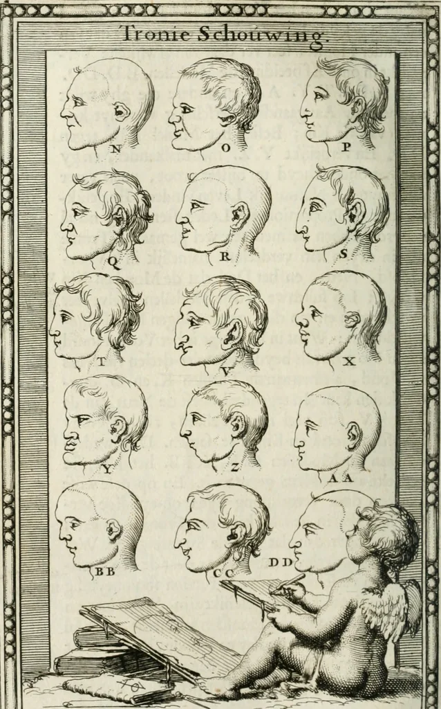 An illustration from Natuurlyk en schilderkonstig ontwerp der menschkunde : leerende niet alleen de kennis van de gestalte, proportie, schoonheyd, muskelen, bewegingen, actien, passien, en welstand der menschbeelden : tot de teykenkunde, schilderkunde, beeldhouwery, bootseer en giet-oeffening toepassen : maar ook hoe sich een mensch na deselve regelen, in allerhande doeningh van gaan, staan, loopen, torssen, dragen, arbeyden, spreken en andere gebeerden : bevallig en verstandilijk aastellen zal, 1683, leaf 225