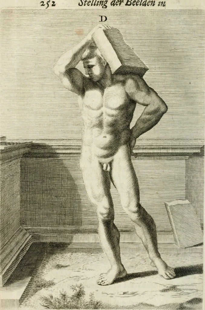 An illustration from Natuurlyk en schilderkonstig ontwerp der menschkunde : leerende niet alleen de kennis van de gestalte, proportie, schoonheyd, muskelen, bewegingen, actien, passien, en welstand der menschbeelden : tot de teykenkunde, schilderkunde, beeldhouwery, bootseer en giet-oeffening toepassen : maar ook hoe sich een mensch na deselve regelen, in allerhande doeningh van gaan, staan, loopen, torssen, dragen, arbeyden, spreken en andere gebeerden : bevallig en verstandilijk aastellen zal, 1683, leaf 287