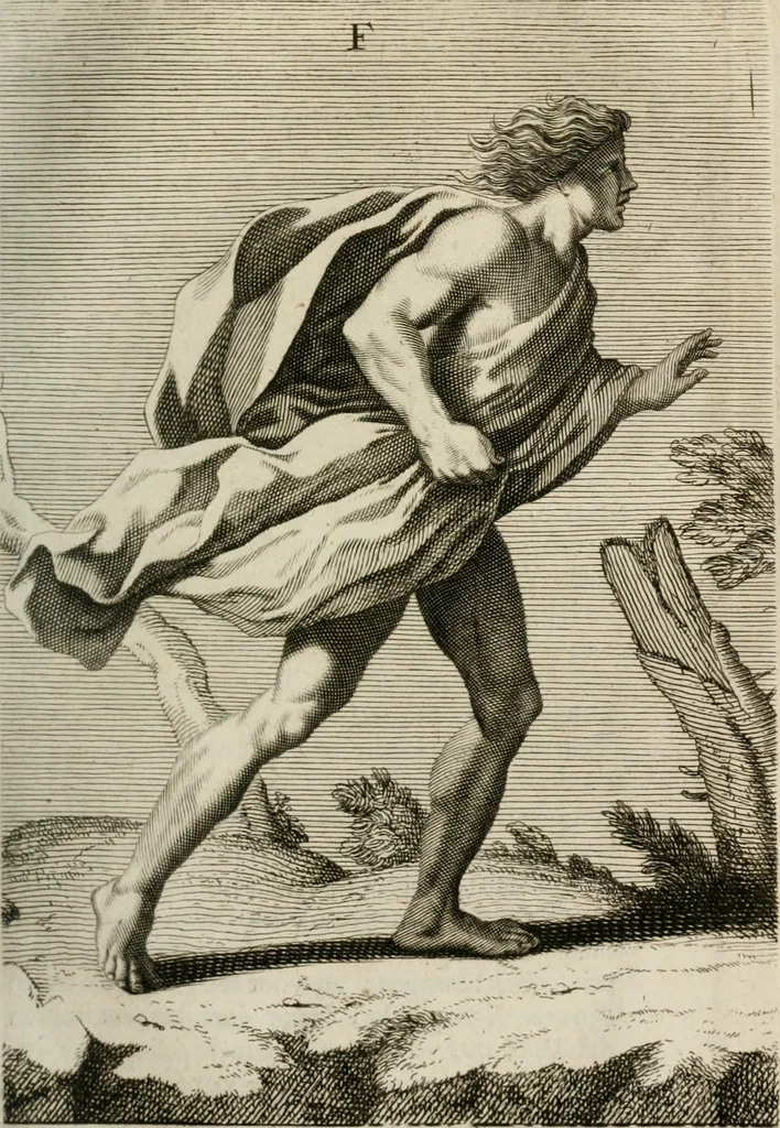 An illustration from Natuurlyk en schilderkonstig ontwerp der menschkunde : leerende niet alleen de kennis van de gestalte, proportie, schoonheyd, muskelen, bewegingen, actien, passien, en welstand der menschbeelden : tot de teykenkunde, schilderkunde, beeldhouwery, bootseer en giet-oeffening toepassen : maar ook hoe sich een mensch na deselve regelen, in allerhande doeningh van gaan, staan, loopen, torssen, dragen, arbeyden, spreken en andere gebeerden : bevallig en verstandilijk aastellen zal, 1683, leaf 292