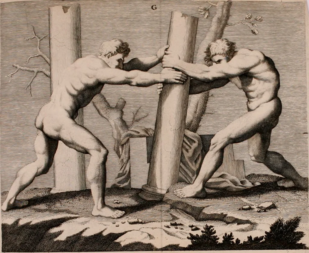 An illustration from Natuurlyk en schilderkonstig ontwerp der menschkunde : leerende niet alleen de kennis van de gestalte, proportie, schoonheyd, muskelen, bewegingen, actien, passien, en welstand der menschbeelden : tot de teykenkunde, schilderkunde, beeldhouwery, bootseer en giet-oeffening toepassen : maar ook hoe sich een mensch na deselve regelen, in allerhande doeningh van gaan, staan, loopen, torssen, dragen, arbeyden, spreken en andere gebeerden : bevallig en verstandilijk aastellen zal, 1683, leaf 299