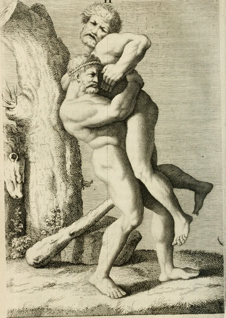 An illustration from Natuurlyk en schilderkonstig ontwerp der menschkunde : leerende niet alleen de kennis van de gestalte, proportie, schoonheyd, muskelen, bewegingen, actien, passien, en welstand der menschbeelden : tot de teykenkunde, schilderkunde, beeldhouwery, bootseer en giet-oeffening toepassen : maar ook hoe sich een mensch na deselve regelen, in allerhande doeningh van gaan, staan, loopen, torssen, dragen, arbeyden, spreken en andere gebeerden : bevallig en verstandilijk aastellen zal, 1683, leaf 303