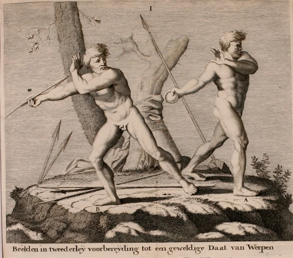 An illustration from Natuurlyk en schilderkonstig ontwerp der menschkunde : leerende niet alleen de kennis van de gestalte, proportie, schoonheyd, muskelen, bewegingen, actien, passien, en welstand der menschbeelden : tot de teykenkunde, schilderkunde, beeldhouwery, bootseer en giet-oeffening toepassen : maar ook hoe sich een mensch na deselve regelen, in allerhande doeningh van gaan, staan, loopen, torssen, dragen, arbeyden, spreken en andere gebeerden : bevallig en verstandilijk aastellen zal, 1683, leaf 313