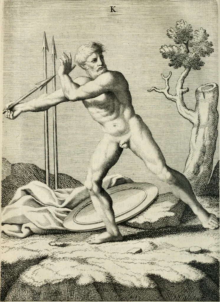 An illustration from Natuurlyk en schilderkonstig ontwerp der menschkunde : leerende niet alleen de kennis van de gestalte, proportie, schoonheyd, muskelen, bewegingen, actien, passien, en welstand der menschbeelden : tot de teykenkunde, schilderkunde, beeldhouwery, bootseer en giet-oeffening toepassen : maar ook hoe sich een mensch na deselve regelen, in allerhande doeningh van gaan, staan, loopen, torssen, dragen, arbeyden, spreken en andere gebeerden : bevallig en verstandilijk aastellen zal, 1683, leaf 315
