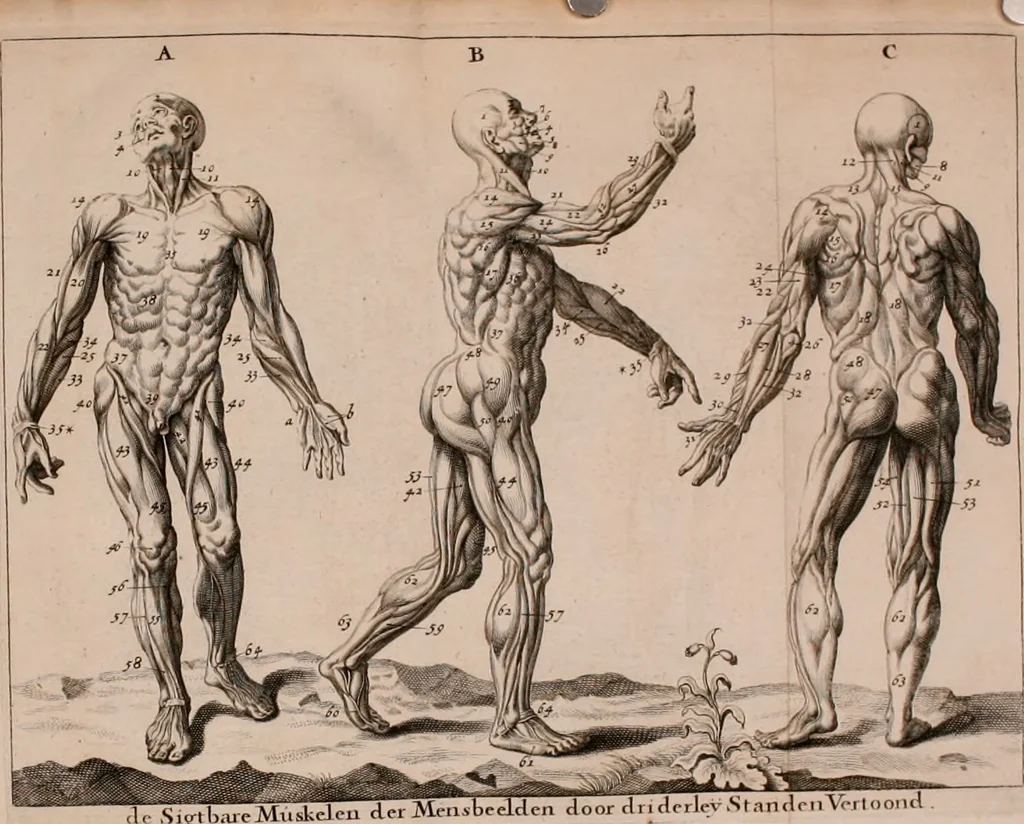 An illustration from Natuurlyk en schilderkonstig ontwerp der menschkunde : leerende niet alleen de kennis van de gestalte, proportie, schoonheyd, muskelen, bewegingen, actien, passien, en welstand der menschbeelden : tot de teykenkunde, schilderkunde, beeldhouwery, bootseer en giet-oeffening toepassen : maar ook hoe sich een mensch na deselve regelen, in allerhande doeningh van gaan, staan, loopen, torssen, dragen, arbeyden, spreken en andere gebeerden : bevallig en verstandilijk aastellen zal, 1683, leaf 471