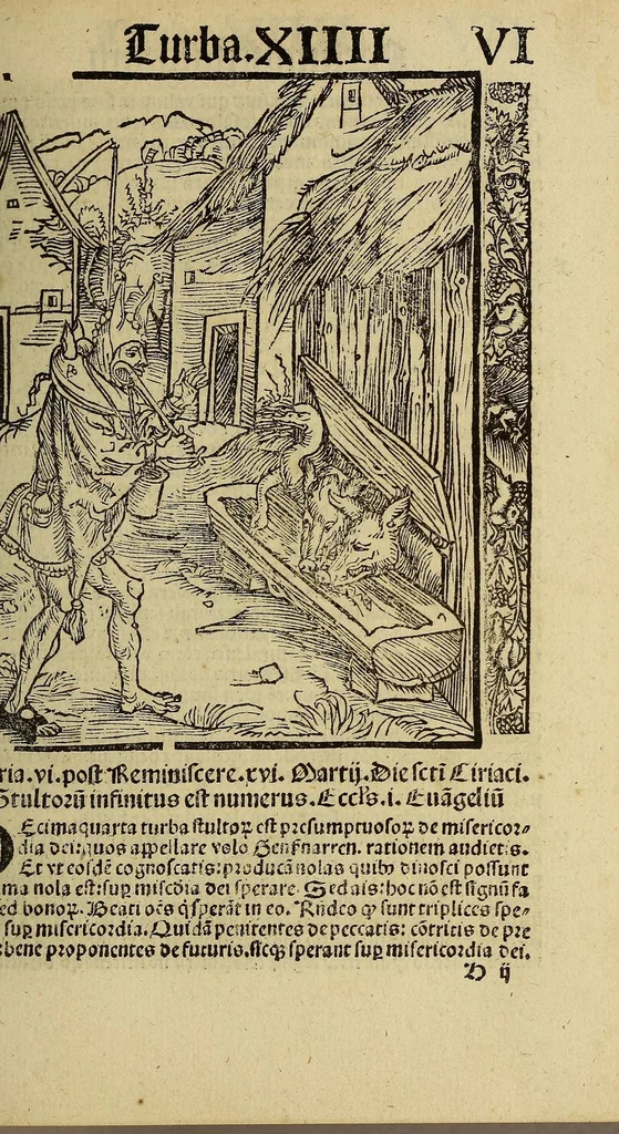 An illustration from Nauicula siue speculu[m] fatuor[um] ... Joannis Geyler Keysersbergii ... in sermones iuxta turmarum seriem diuisa ... a Jacobo Othero diligenter collecta. Compendiosa vite eiusdem descriptio, per Beatum Rhenanum Selestatinum. ., 1511, leaf 125