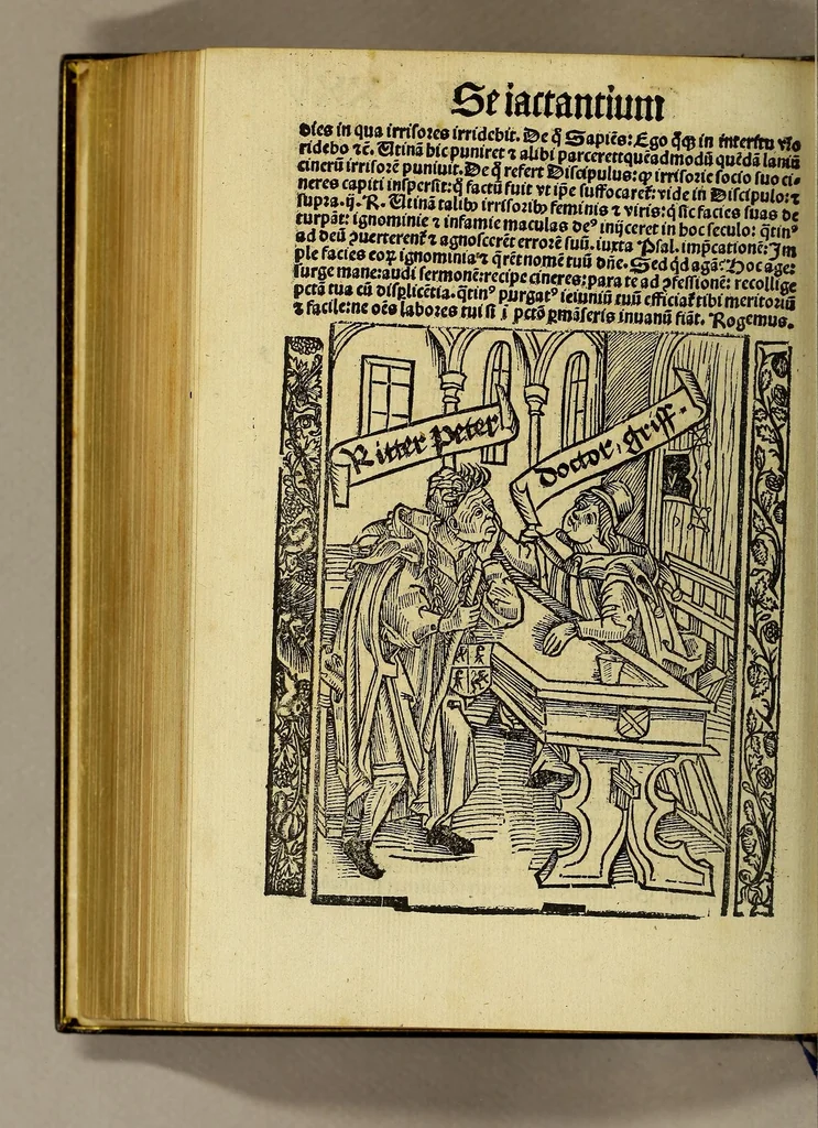 An illustration from Nauicula siue speculu[m] fatuor[um] ... Joannis Geyler Keysersbergii ... in sermones iuxta turmarum seriem diuisa ... a Jacobo Othero diligenter collecta. Compendiosa vite eiusdem descriptio, per Beatum Rhenanum Selestatinum. ., 1511, leaf 388