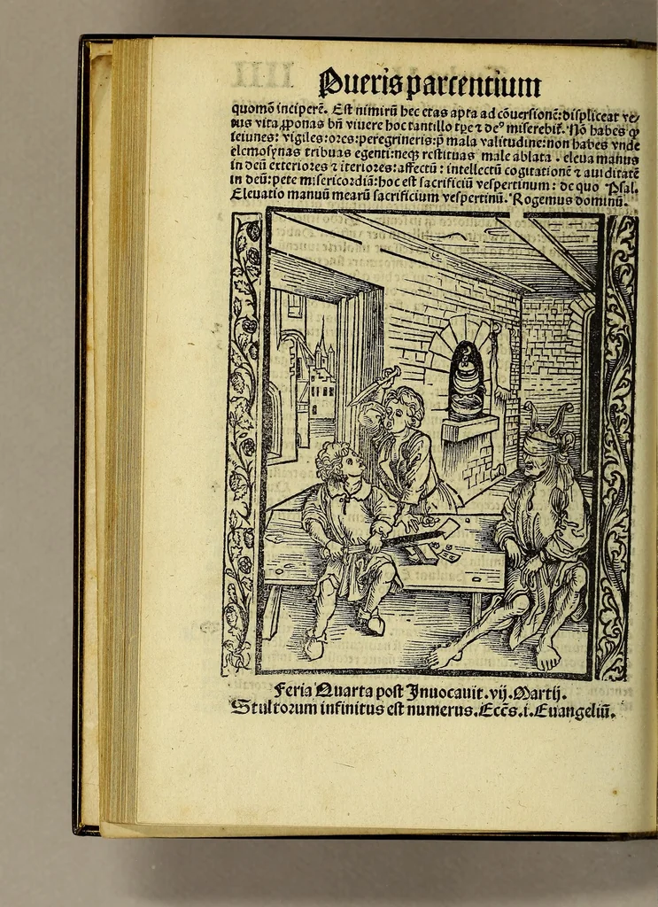 An illustration from Nauicula siue speculu[m] fatuor[um] ... Joannis Geyler Keysersbergii ... in sermones iuxta turmarum seriem diuisa ... a Jacobo Othero diligenter collecta. Compendiosa vite eiusdem descriptio, per Beatum Rhenanum Selestatinum. ., 1511, leaf 90