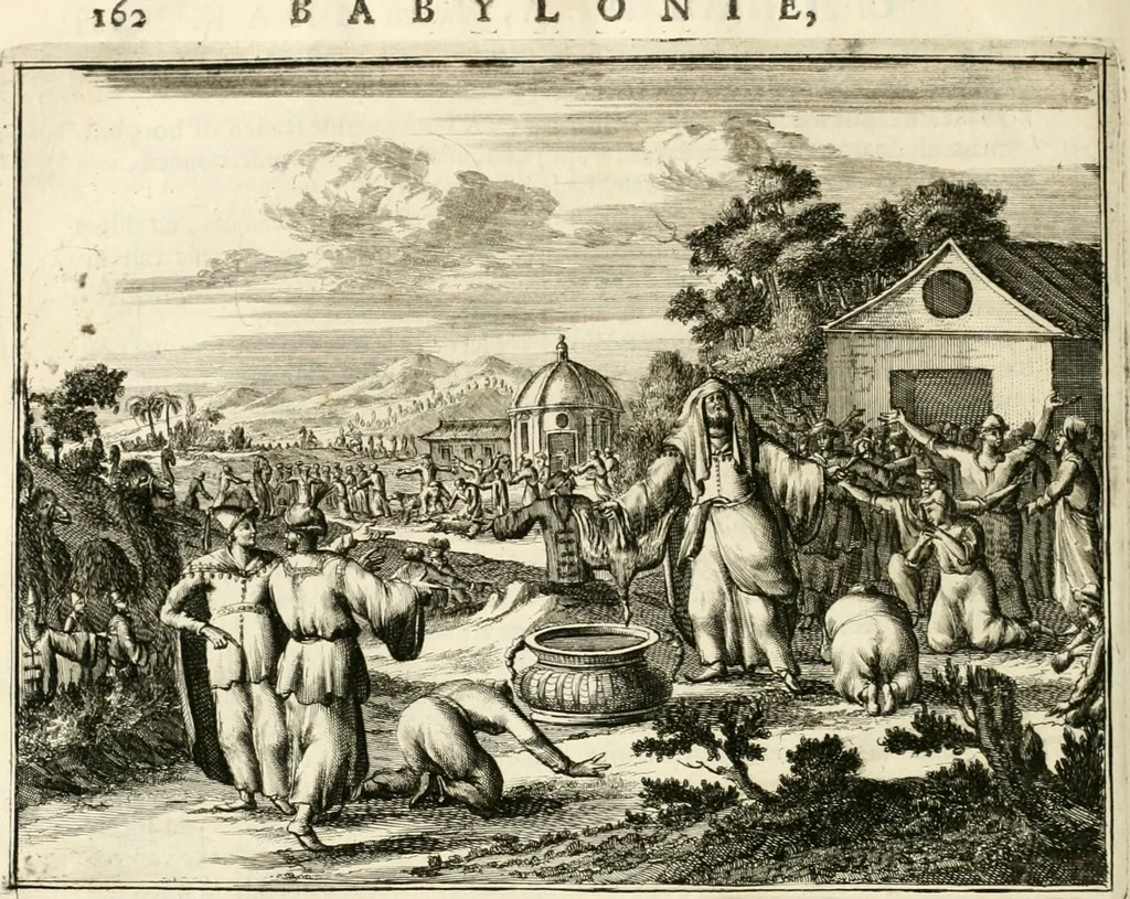 An illustration from Naukeurige beschryving van Asie; behelsende de gewesten van Mesopotamie, Babylonie, Assyrie, Anatolie, of Klein Asie, beneffens eene volkome beschrijving van gansch Gelukkigh, Woest, en Petreesch of Steenigh Arabie.., 1680, leaf 183