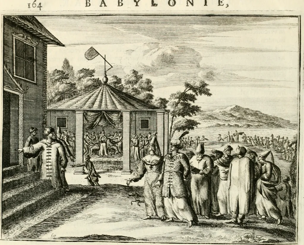 An illustration from Naukeurige beschryving van Asie; behelsende de gewesten van Mesopotamie, Babylonie, Assyrie, Anatolie, of Klein Asie, beneffens eene volkome beschrijving van gansch Gelukkigh, Woest, en Petreesch of Steenigh Arabie.., 1680, leaf 185
