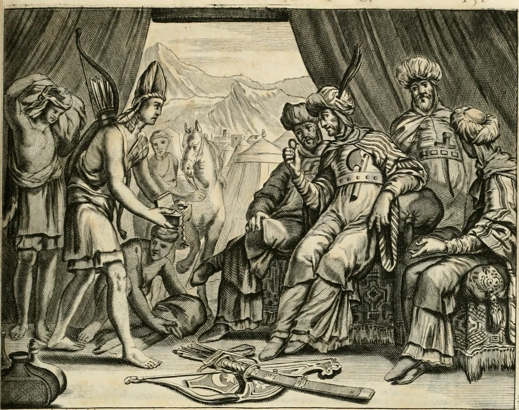 An illustration from Naukeurige beschryving van Asie; behelsende de gewesten van Mesopotamie, Babylonie, Assyrie, Anatolie, of Klein Asie, beneffens eene volkome beschrijving van gansch Gelukkigh, Woest, en Petreesch of Steenigh Arabie.., 1680, leaf 556
