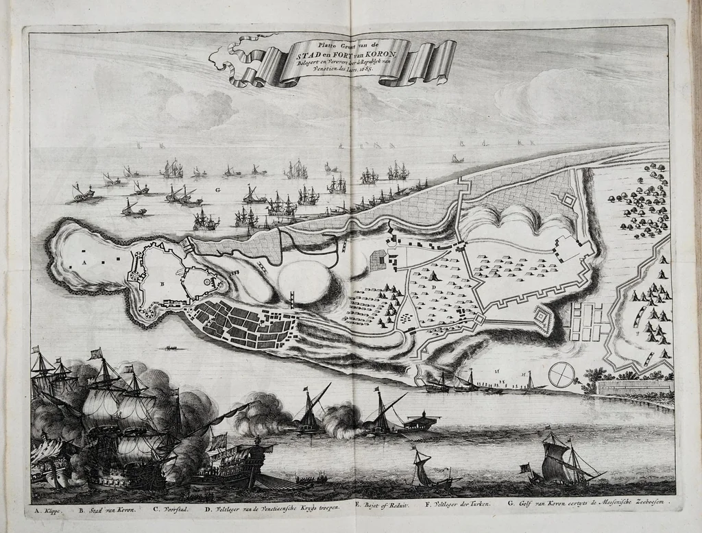 An illustration from Naukeurige beschryving van Morea, eertijts Peloponnesus; en de eilanden, gelegen onder de kusten van Morea, en binnen en buiten de golf van Venetien: waer onder de voornaemste Korfu, Cefalonia, Sant Maura, Zanten, en andere in grooten getale. Behelzende derzelver landschappen, steden, rivieren, poelen, bergen, gewassen, dieren, &c. Met de kaerten van Morea, golf van Venetien, en verscheide eilanden: beneffens afbeeldingen van steden en kastelen, als Patrasso, Modon, Koron, Navarino, Napoli di Romania en Malvasia, Korinthen, Misitra, &c, 1688, leaf 105