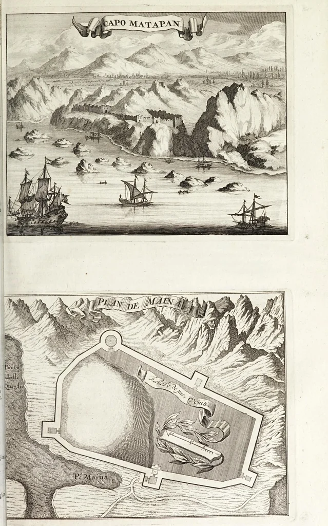 An illustration from Naukeurige beschryving van Morea, eertijts Peloponnesus; en de eilanden, gelegen onder de kusten van Morea, en binnen en buiten de golf van Venetien: waer onder de voornaemste Korfu, Cefalonia, Sant Maura, Zanten, en andere in grooten getale. Behelzende derzelver landschappen, steden, rivieren, poelen, bergen, gewassen, dieren, &c. Met de kaerten van Morea, golf van Venetien, en verscheide eilanden: beneffens afbeeldingen van steden en kastelen, als Patrasso, Modon, Koron, Navarino, Napoli di Romania en Malvasia, Korinthen, Misitra, &c, 1688, leaf 109