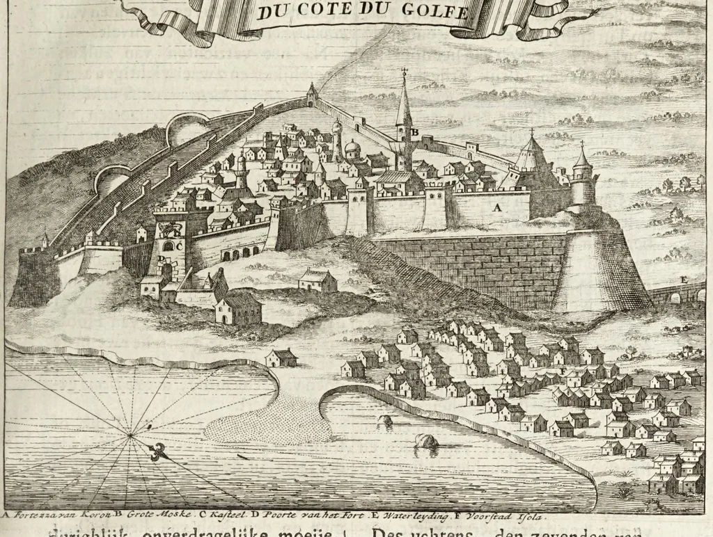 An illustration from Naukeurige beschryving van Morea, eertijts Peloponnesus; en de eilanden, gelegen onder de kusten van Morea, en binnen en buiten de golf van Venetien: waer onder de voornaemste Korfu, Cefalonia, Sant Maura, Zanten, en andere in grooten getale. Behelzende derzelver landschappen, steden, rivieren, poelen, bergen, gewassen, dieren, &c. Met de kaerten van Morea, golf van Venetien, en verscheide eilanden: beneffens afbeeldingen van steden en kastelen, als Patrasso, Modon, Koron, Navarino, Napoli di Romania en Malvasia, Korinthen, Misitra, &c, 1688, leaf 113