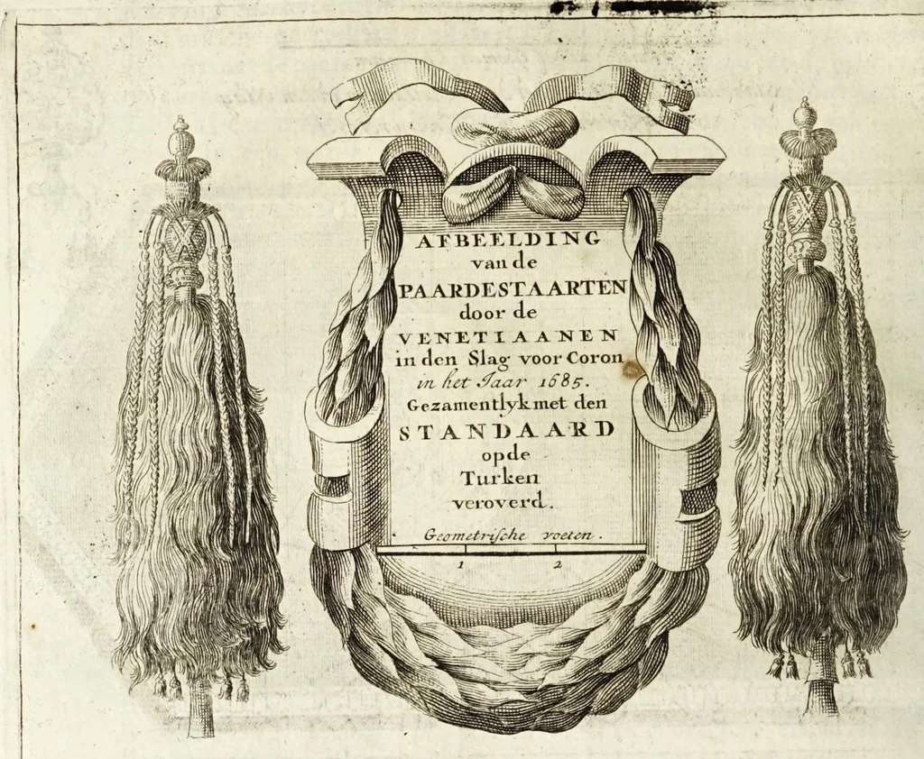 An illustration from Naukeurige beschryving van Morea, eertijts Peloponnesus; en de eilanden, gelegen onder de kusten van Morea, en binnen en buiten de golf van Venetien: waer onder de voornaemste Korfu, Cefalonia, Sant Maura, Zanten, en andere in grooten getale. Behelzende derzelver landschappen, steden, rivieren, poelen, bergen, gewassen, dieren, &c. Met de kaerten van Morea, golf van Venetien, en verscheide eilanden: beneffens afbeeldingen van steden en kastelen, als Patrasso, Modon, Koron, Navarino, Napoli di Romania en Malvasia, Korinthen, Misitra, &c, 1688, leaf 116