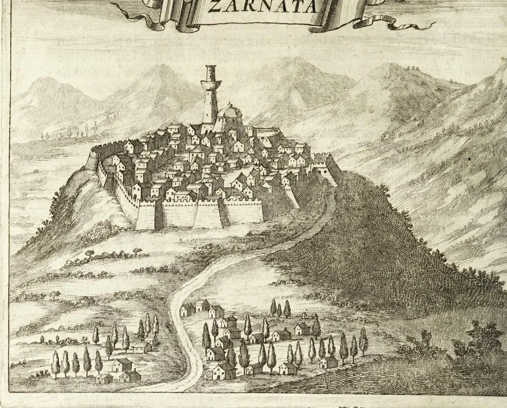 An illustration from Naukeurige beschryving van Morea, eertijts Peloponnesus; en de eilanden, gelegen onder de kusten van Morea, en binnen en buiten de golf van Venetien: waer onder de voornaemste Korfu, Cefalonia, Sant Maura, Zanten, en andere in grooten getale. Behelzende derzelver landschappen, steden, rivieren, poelen, bergen, gewassen, dieren, &c. Met de kaerten van Morea, golf van Venetien, en verscheide eilanden: beneffens afbeeldingen van steden en kastelen, als Patrasso, Modon, Koron, Navarino, Napoli di Romania en Malvasia, Korinthen, Misitra, &c, 1688, leaf 128