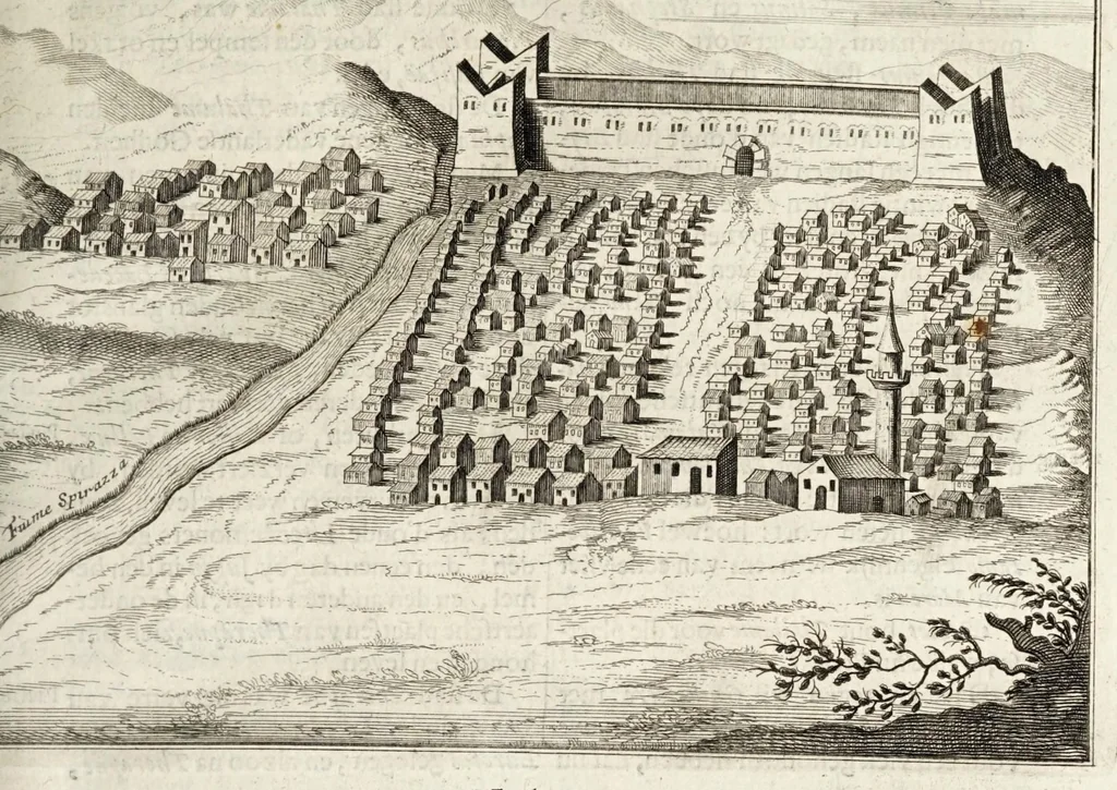 An illustration from Naukeurige beschryving van Morea, eertijts Peloponnesus; en de eilanden, gelegen onder de kusten van Morea, en binnen en buiten de golf van Venetien: waer onder de voornaemste Korfu, Cefalonia, Sant Maura, Zanten, en andere in grooten getale. Behelzende derzelver landschappen, steden, rivieren, poelen, bergen, gewassen, dieren, &c. Met de kaerten van Morea, golf van Venetien, en verscheide eilanden: beneffens afbeeldingen van steden en kastelen, als Patrasso, Modon, Koron, Navarino, Napoli di Romania en Malvasia, Korinthen, Misitra, &c, 1688, leaf 135