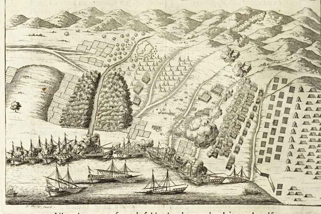 An illustration from Naukeurige beschryving van Morea, eertijts Peloponnesus; en de eilanden, gelegen onder de kusten van Morea, en binnen en buiten de golf van Venetien: waer onder de voornaemste Korfu, Cefalonia, Sant Maura, Zanten, en andere in grooten getale. Behelzende derzelver landschappen, steden, rivieren, poelen, bergen, gewassen, dieren, &c. Met de kaerten van Morea, golf van Venetien, en verscheide eilanden: beneffens afbeeldingen van steden en kastelen, als Patrasso, Modon, Koron, Navarino, Napoli di Romania en Malvasia, Korinthen, Misitra, &c, 1688, leaf 138