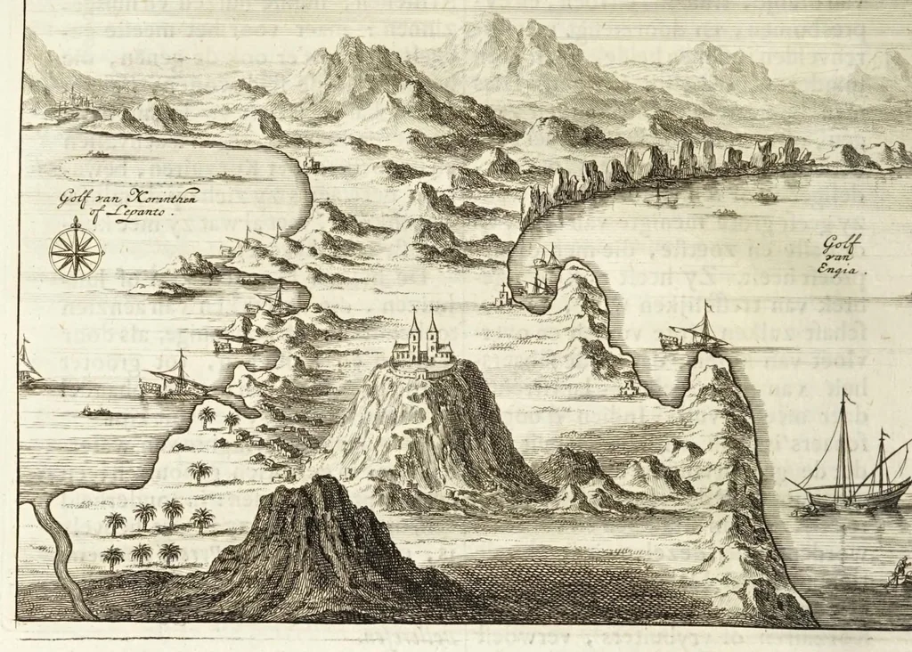 An illustration from Naukeurige beschryving van Morea, eertijts Peloponnesus; en de eilanden, gelegen onder de kusten van Morea, en binnen en buiten de golf van Venetien: waer onder de voornaemste Korfu, Cefalonia, Sant Maura, Zanten, en andere in grooten getale. Behelzende derzelver landschappen, steden, rivieren, poelen, bergen, gewassen, dieren, &c. Met de kaerten van Morea, golf van Venetien, en verscheide eilanden: beneffens afbeeldingen van steden en kastelen, als Patrasso, Modon, Koron, Navarino, Napoli di Romania en Malvasia, Korinthen, Misitra, &c, 1688, leaf 160
