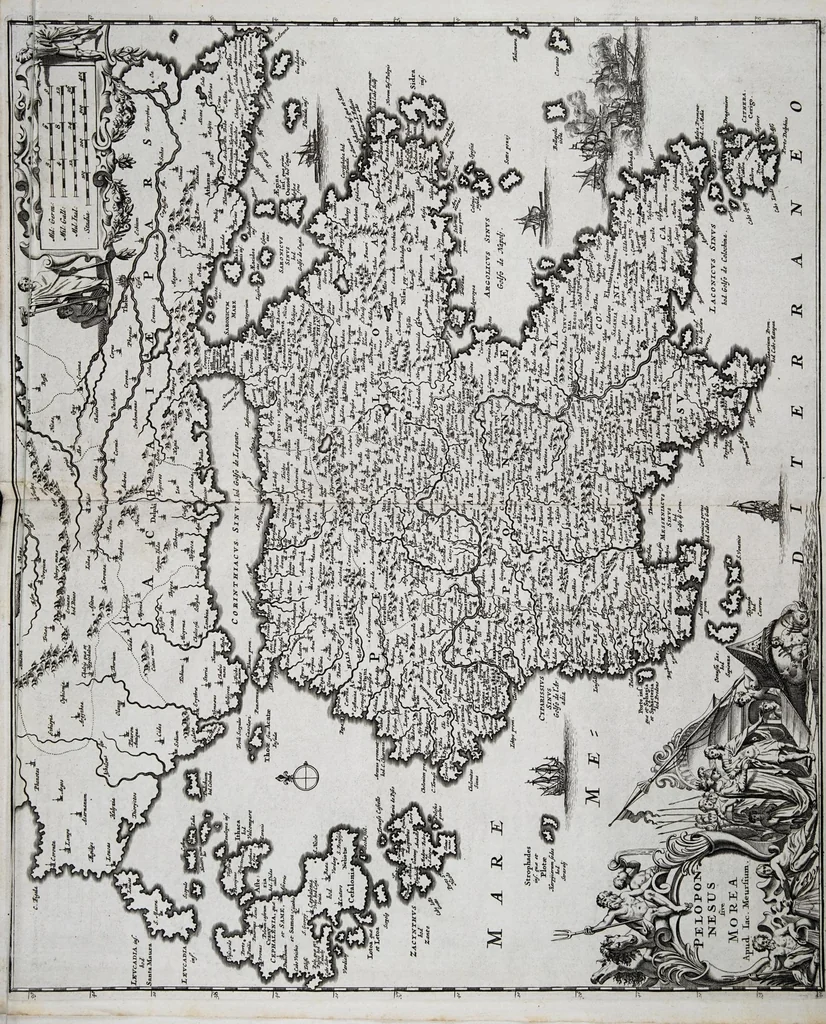An illustration from Naukeurige beschryving van Morea, eertijts Peloponnesus; en de eilanden, gelegen onder de kusten van Morea, en binnen en buiten de golf van Venetien: waer onder de voornaemste Korfu, Cefalonia, Sant Maura, Zanten, en andere in grooten getale. Behelzende derzelver landschappen, steden, rivieren, poelen, bergen, gewassen, dieren, &c. Met de kaerten van Morea, golf van Venetien, en verscheide eilanden: beneffens afbeeldingen van steden en kastelen, als Patrasso, Modon, Koron, Navarino, Napoli di Romania en Malvasia, Korinthen, Misitra, &c, 1688, leaf 17