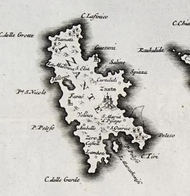 An illustration from Naukeurige beschryving van Morea, eertijts Peloponnesus; en de eilanden, gelegen onder de kusten van Morea, en binnen en buiten de golf van Venetien: waer onder de voornaemste Korfu, Cefalonia, Sant Maura, Zanten, en andere in grooten getale. Behelzende derzelver landschappen, steden, rivieren, poelen, bergen, gewassen, dieren, &c. Met de kaerten van Morea, golf van Venetien, en verscheide eilanden: beneffens afbeeldingen van steden en kastelen, als Patrasso, Modon, Koron, Navarino, Napoli di Romania en Malvasia, Korinthen, Misitra, &c, 1688, leaf 19