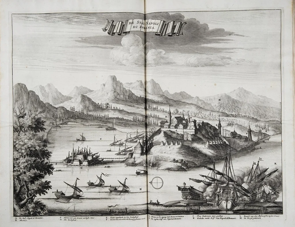 An illustration from Naukeurige beschryving van Morea, eertijts Peloponnesus; en de eilanden, gelegen onder de kusten van Morea, en binnen en buiten de golf van Venetien: waer onder de voornaemste Korfu, Cefalonia, Sant Maura, Zanten, en andere in grooten getale. Behelzende derzelver landschappen, steden, rivieren, poelen, bergen, gewassen, dieren, &c. Met de kaerten van Morea, golf van Venetien, en verscheide eilanden: beneffens afbeeldingen van steden en kastelen, als Patrasso, Modon, Koron, Navarino, Napoli di Romania en Malvasia, Korinthen, Misitra, &c, 1688, leaf 207