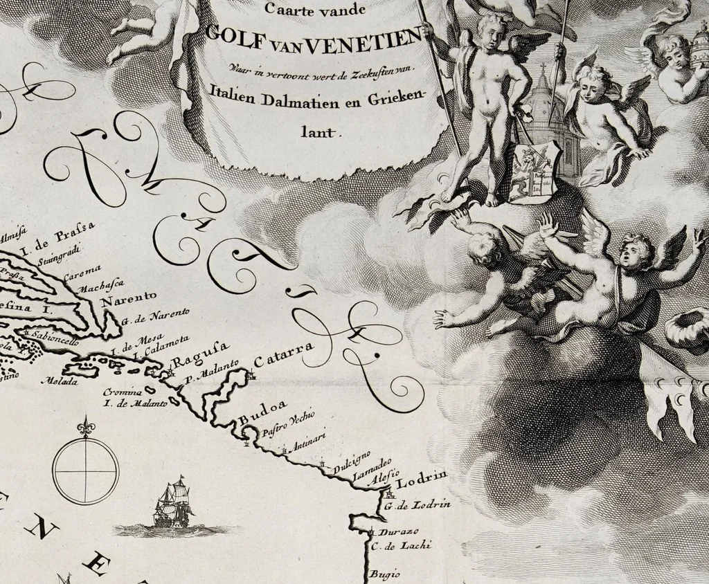 An illustration from Naukeurige beschryving van Morea, eertijts Peloponnesus; en de eilanden, gelegen onder de kusten van Morea, en binnen en buiten de golf van Venetien: waer onder de voornaemste Korfu, Cefalonia, Sant Maura, Zanten, en andere in grooten getale. Behelzende derzelver landschappen, steden, rivieren, poelen, bergen, gewassen, dieren, &c. Met de kaerten van Morea, golf van Venetien, en verscheide eilanden: beneffens afbeeldingen van steden en kastelen, als Patrasso, Modon, Koron, Navarino, Napoli di Romania en Malvasia, Korinthen, Misitra, &c, 1688, leaf 303