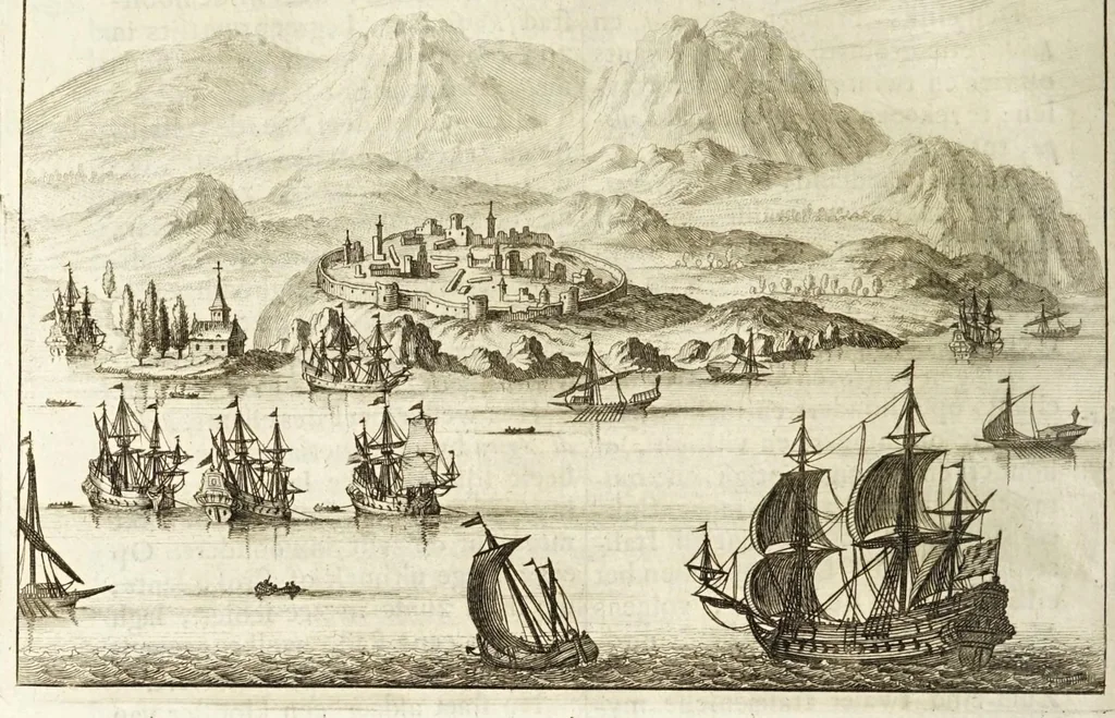 An illustration from Naukeurige beschryving van Morea, eertijts Peloponnesus; en de eilanden, gelegen onder de kusten van Morea, en binnen en buiten de golf van Venetien: waer onder de voornaemste Korfu, Cefalonia, Sant Maura, Zanten, en andere in grooten getale. Behelzende derzelver landschappen, steden, rivieren, poelen, bergen, gewassen, dieren, &c. Met de kaerten van Morea, golf van Venetien, en verscheide eilanden: beneffens afbeeldingen van steden en kastelen, als Patrasso, Modon, Koron, Navarino, Napoli di Romania en Malvasia, Korinthen, Misitra, &c, 1688, leaf 342