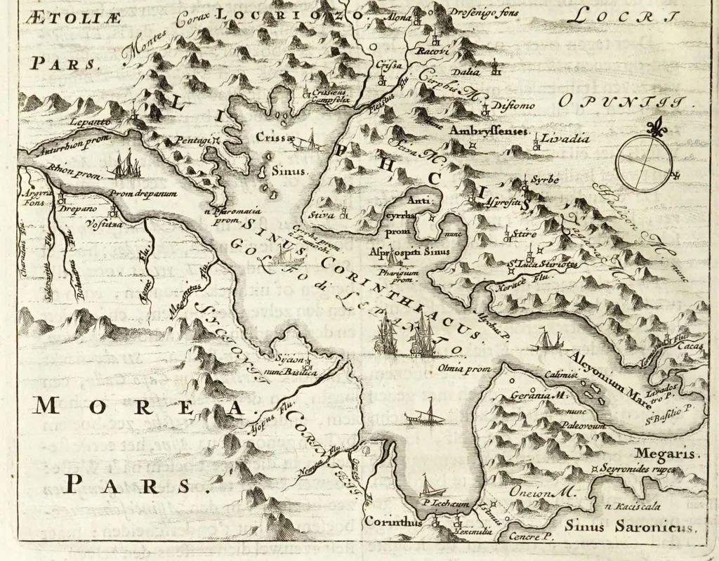 An illustration from Naukeurige beschryving van Morea, eertijts Peloponnesus; en de eilanden, gelegen onder de kusten van Morea, en binnen en buiten de golf van Venetien: waer onder de voornaemste Korfu, Cefalonia, Sant Maura, Zanten, en andere in grooten getale. Behelzende derzelver landschappen, steden, rivieren, poelen, bergen, gewassen, dieren, &c. Met de kaerten van Morea, golf van Venetien, en verscheide eilanden: beneffens afbeeldingen van steden en kastelen, als Patrasso, Modon, Koron, Navarino, Napoli di Romania en Malvasia, Korinthen, Misitra, &c, 1688, leaf 36