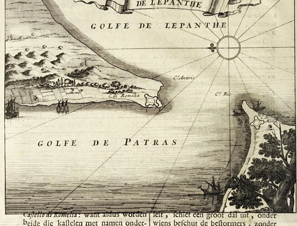 An illustration from Naukeurige beschryving van Morea, eertijts Peloponnesus; en de eilanden, gelegen onder de kusten van Morea, en binnen en buiten de golf van Venetien: waer onder de voornaemste Korfu, Cefalonia, Sant Maura, Zanten, en andere in grooten getale. Behelzende derzelver landschappen, steden, rivieren, poelen, bergen, gewassen, dieren, &c. Met de kaerten van Morea, golf van Venetien, en verscheide eilanden: beneffens afbeeldingen van steden en kastelen, als Patrasso, Modon, Koron, Navarino, Napoli di Romania en Malvasia, Korinthen, Misitra, &c, 1688, leaf 40