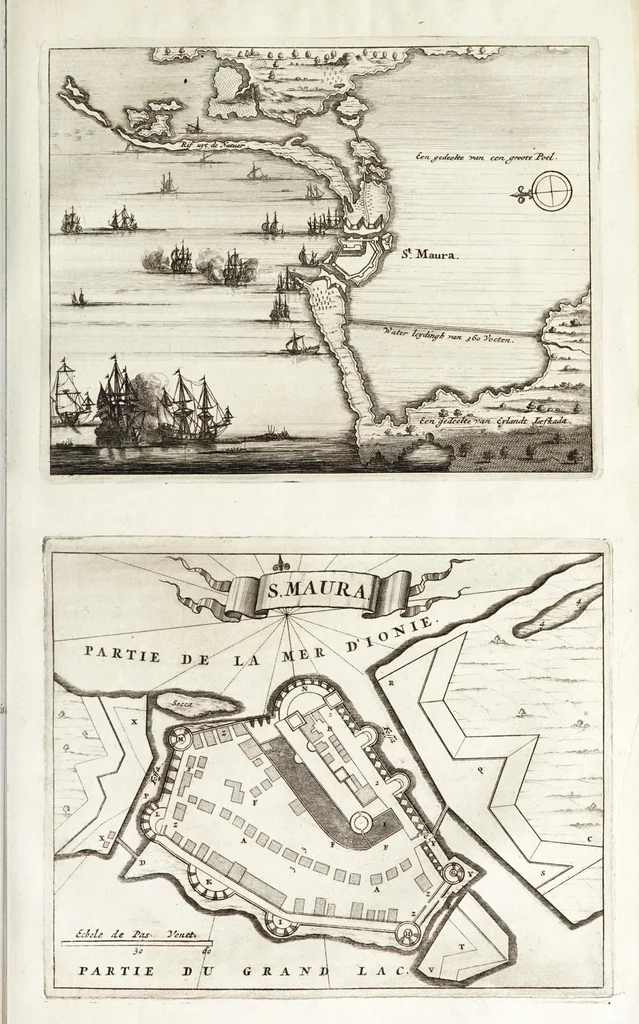 An illustration from Naukeurige beschryving van Morea, eertijts Peloponnesus; en de eilanden, gelegen onder de kusten van Morea, en binnen en buiten de golf van Venetien: waer onder de voornaemste Korfu, Cefalonia, Sant Maura, Zanten, en andere in grooten getale. Behelzende derzelver landschappen, steden, rivieren, poelen, bergen, gewassen, dieren, &c. Met de kaerten van Morea, golf van Venetien, en verscheide eilanden: beneffens afbeeldingen van steden en kastelen, als Patrasso, Modon, Koron, Navarino, Napoli di Romania en Malvasia, Korinthen, Misitra, &c, 1688, leaf 459
