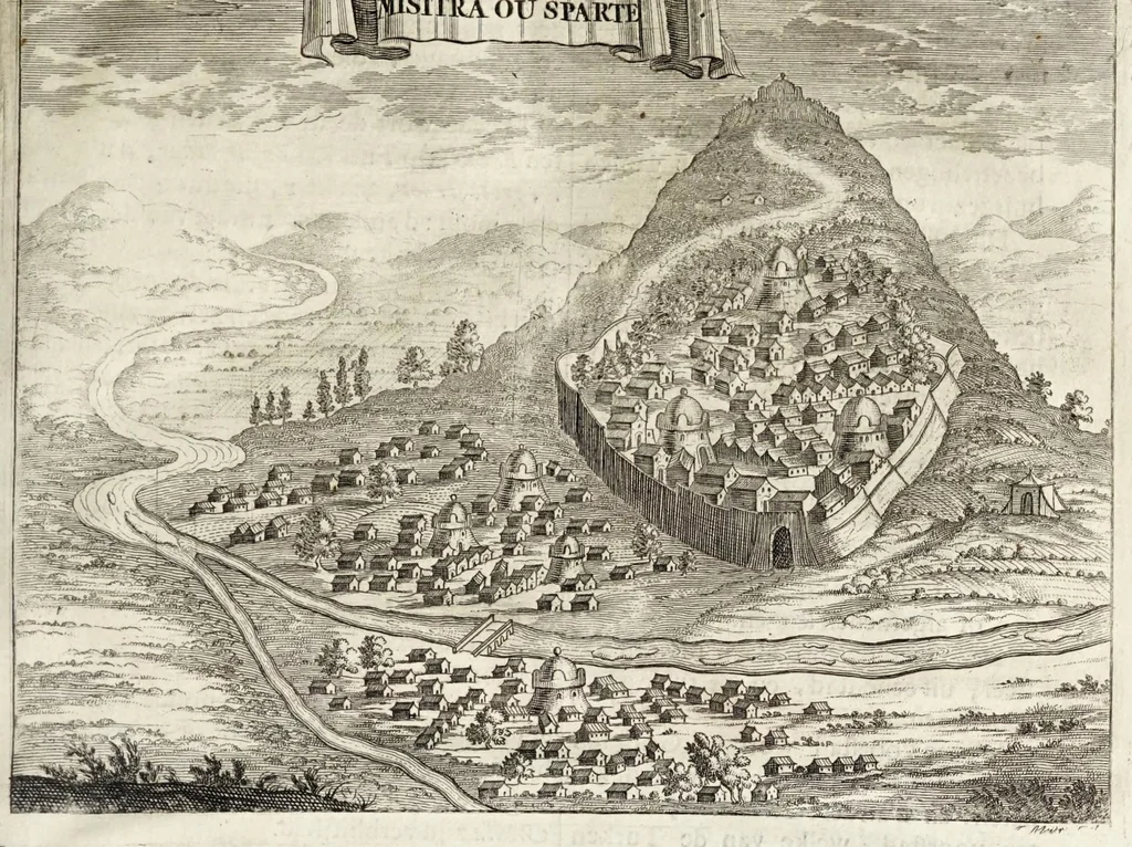 An illustration from Naukeurige beschryving van Morea, eertijts Peloponnesus; en de eilanden, gelegen onder de kusten van Morea, en binnen en buiten de golf van Venetien: waer onder de voornaemste Korfu, Cefalonia, Sant Maura, Zanten, en andere in grooten getale. Behelzende derzelver landschappen, steden, rivieren, poelen, bergen, gewassen, dieren, &c. Met de kaerten van Morea, golf van Venetien, en verscheide eilanden: beneffens afbeeldingen van steden en kastelen, als Patrasso, Modon, Koron, Navarino, Napoli di Romania en Malvasia, Korinthen, Misitra, &c, 1688, leaf 69