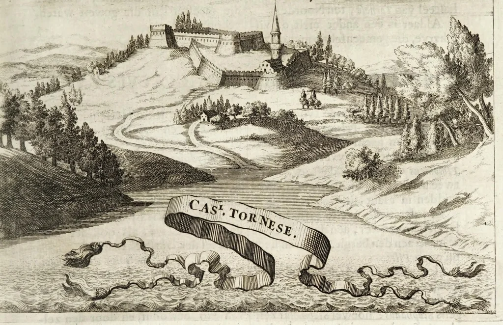 An illustration from Naukeurige beschryving van Morea, eertijts Peloponnesus; en de eilanden, gelegen onder de kusten van Morea, en binnen en buiten de golf van Venetien: waer onder de voornaemste Korfu, Cefalonia, Sant Maura, Zanten, en andere in grooten getale. Behelzende derzelver landschappen, steden, rivieren, poelen, bergen, gewassen, dieren, &c. Met de kaerten van Morea, golf van Venetien, en verscheide eilanden: beneffens afbeeldingen van steden en kastelen, als Patrasso, Modon, Koron, Navarino, Napoli di Romania en Malvasia, Korinthen, Misitra, &c, 1688, leaf 87