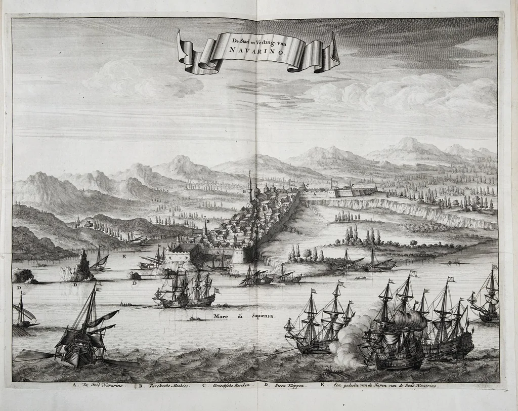 An illustration from Naukeurige beschryving van Morea, eertijts Peloponnesus; en de eilanden, gelegen onder de kusten van Morea, en binnen en buiten de golf van Venetien: waer onder de voornaemste Korfu, Cefalonia, Sant Maura, Zanten, en andere in grooten getale. Behelzende derzelver landschappen, steden, rivieren, poelen, bergen, gewassen, dieren, &c. Met de kaerten van Morea, golf van Venetien, en verscheide eilanden: beneffens afbeeldingen van steden en kastelen, als Patrasso, Modon, Koron, Navarino, Napoli di Romania en Malvasia, Korinthen, Misitra, &c, 1688, leaf 91