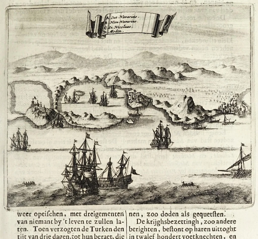 An illustration from Naukeurige beschryving van Morea, eertijts Peloponnesus; en de eilanden, gelegen onder de kusten van Morea, en binnen en buiten de golf van Venetien: waer onder de voornaemste Korfu, Cefalonia, Sant Maura, Zanten, en andere in grooten getale. Behelzende derzelver landschappen, steden, rivieren, poelen, bergen, gewassen, dieren, &c. Met de kaerten van Morea, golf van Venetien, en verscheide eilanden: beneffens afbeeldingen van steden en kastelen, als Patrasso, Modon, Koron, Navarino, Napoli di Romania en Malvasia, Korinthen, Misitra, &c, 1688, leaf 97