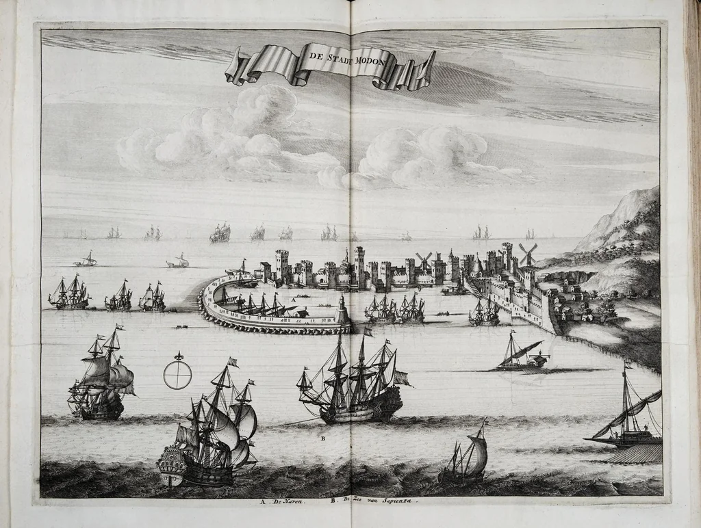 An illustration from Naukeurige beschryving van Morea, eertijts Peloponnesus; en de eilanden, gelegen onder de kusten van Morea, en binnen en buiten de golf van Venetien: waer onder de voornaemste Korfu, Cefalonia, Sant Maura, Zanten, en andere in grooten getale. Behelzende derzelver landschappen, steden, rivieren, poelen, bergen, gewassen, dieren, &c. Met de kaerten van Morea, golf van Venetien, en verscheide eilanden: beneffens afbeeldingen van steden en kastelen, als Patrasso, Modon, Koron, Navarino, Napoli di Romania en Malvasia, Korinthen, Misitra, &c, 1688, leaf 99