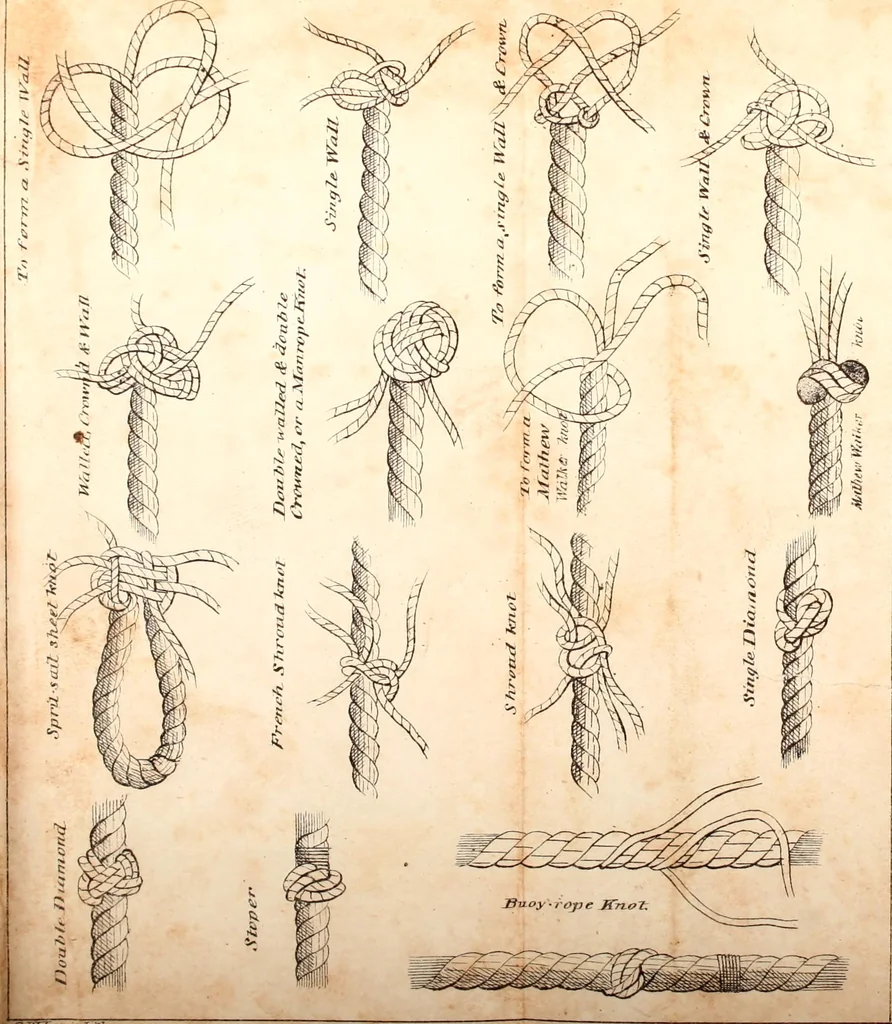An illustration from The naval apprentics's kedge anchor, or, Young sailor's assistant ... appertaining to the practical evolutions of seamanship, rigging, knotting, splicing blocks, purchases, running rigging, and other miscellaneous matters applicable to ships of war and others ..., 1841, leaf 58