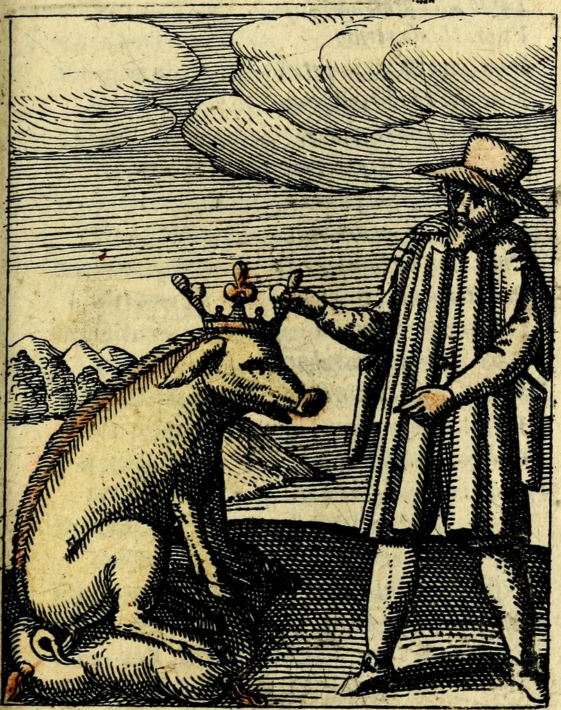 An illustration from Nebulo nebulonum, hoc est, Locoseria modernae nequitiae censura : qua hominum sceleratorum fraudes, doli ac versutiae aeri aëriq[ue] exponuntur pùblice, 1620, leaf 128