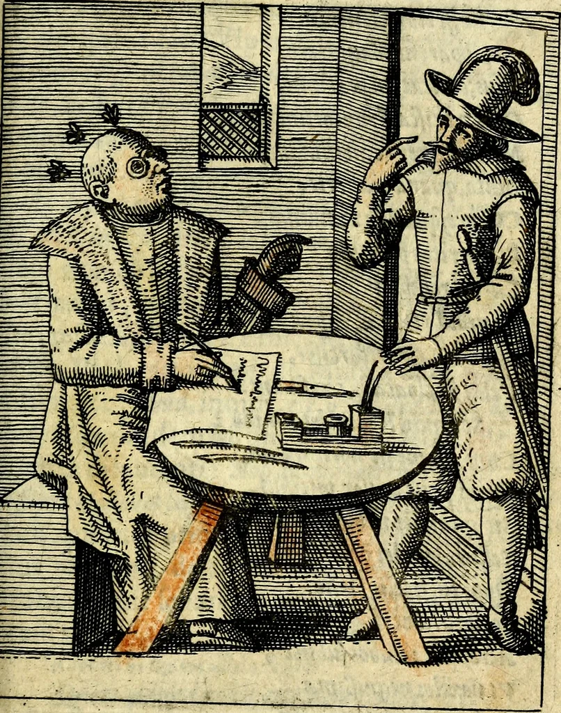 An illustration from Nebulo nebulonum, hoc est, Locoseria modernae nequitiae censura : qua hominum sceleratorum fraudes, doli ac versutiae aeri aëriq[ue] exponuntur pùblice, 1620, leaf 14
