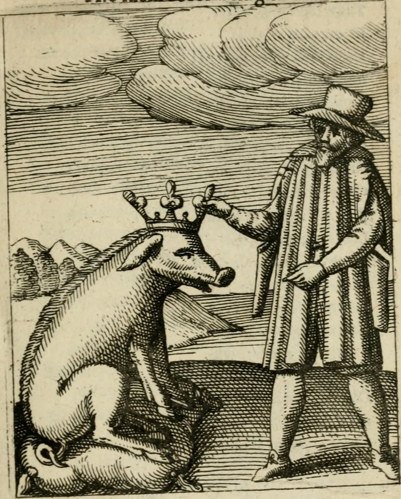 An illustration from Nebulo nebulonum, hoc est, Iocoseria modernae nequitiae censura : qua hominum sceleratorum fraudes, doli ac versutiae aeri aëriq[ue] exponuntur pùblice, 1620, leaf 130