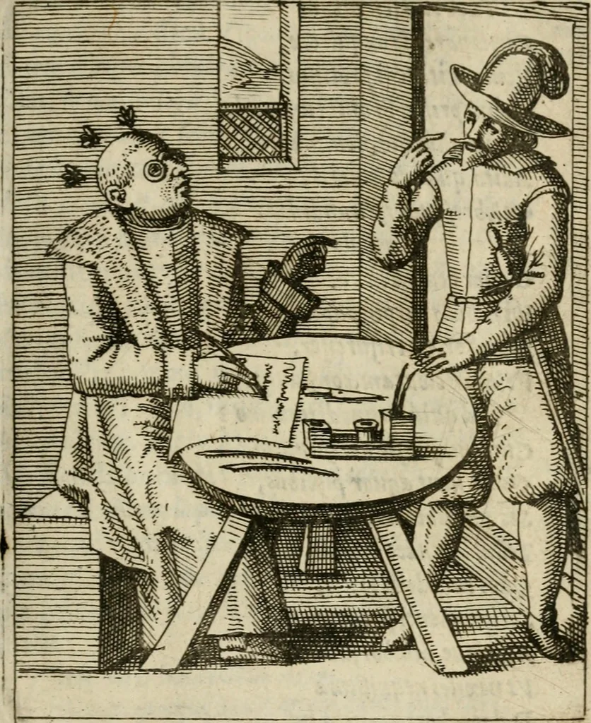 An illustration from Nebulo nebulonum, hoc est, Iocoseria modernae nequitiae censura : qua hominum sceleratorum fraudes, doli ac versutiae aeri aëriq[ue] exponuntur pùblice, 1620, leaf 16