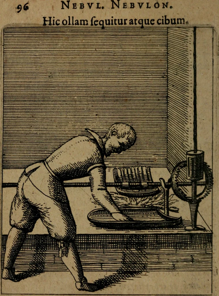 An illustration from Nebulo nebulonum, hoc est, Jocoseria nequitiae censura : qua hominum scelestorum doli, fraudes, fallaciae, & mores versuti vivis coloribus depinguntur, aeriq[ue] incisi publico aspectui exponuntur, 1663, leaf 107