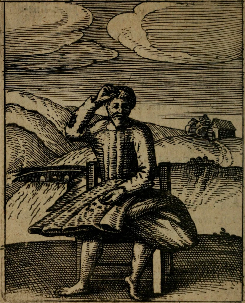 An illustration from Nebulo nebulonum, hoc est, Jocoseria nequitiae censura : qua hominum scelestorum doli, fraudes, fallaciae, & mores versuti vivis coloribus depinguntur, aeriq[ue] incisi publico aspectui exponuntur, 1663, leaf 111
