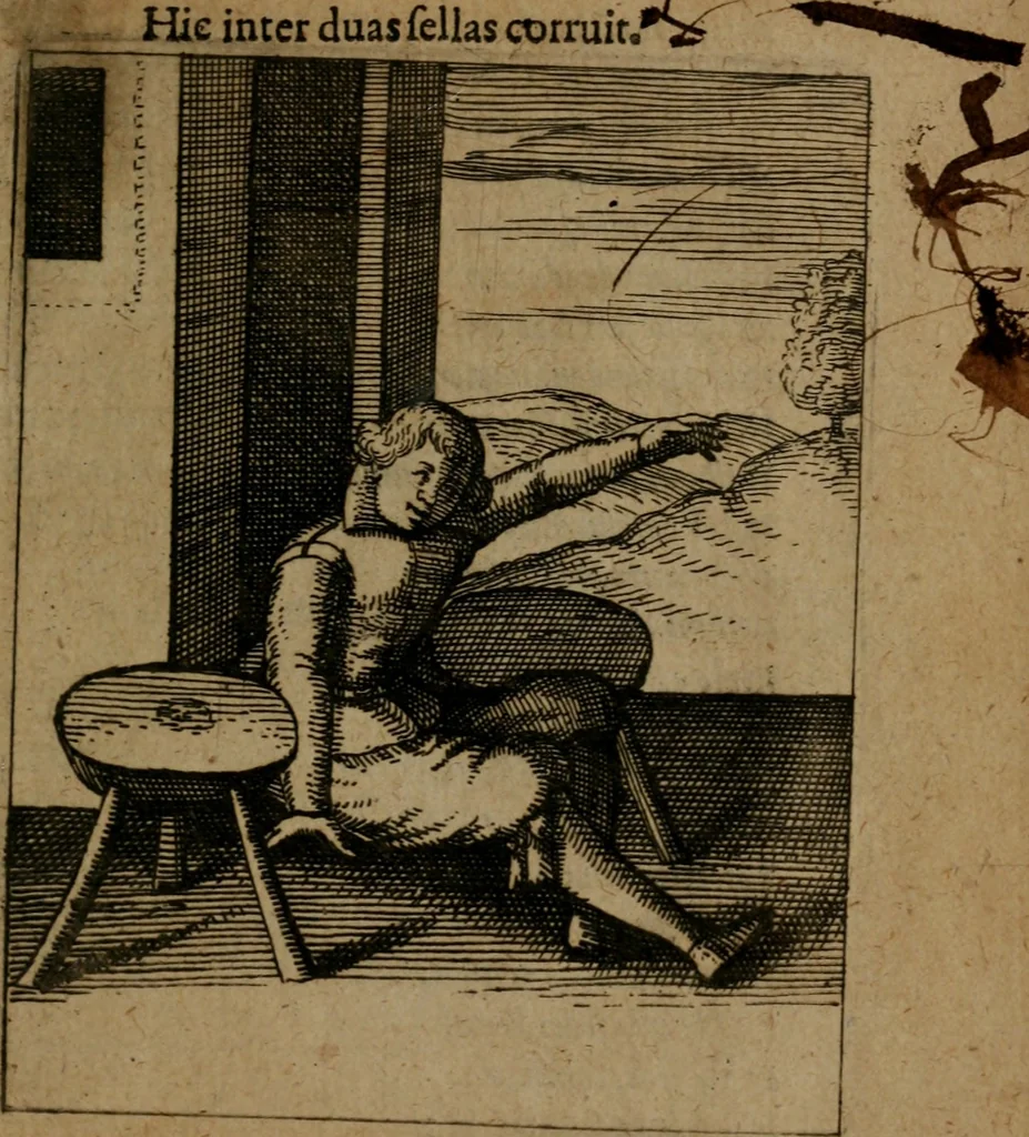 An illustration from Nebulo nebulonum, hoc est, Jocoseria nequitiae censura : qua hominum scelestorum doli, fraudes, fallaciae, & mores versuti vivis coloribus depinguntur, aeriq[ue] incisi publico aspectui exponuntur, 1663, leaf 120