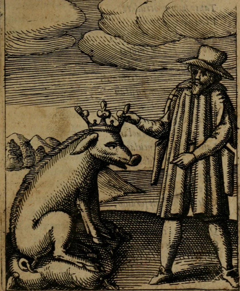 An illustration from Nebulo nebulonum, hoc est, Jocoseria nequitiae censura : qua hominum scelestorum doli, fraudes, fallaciae, & mores versuti vivis coloribus depinguntur, aeriq[ue] incisi publico aspectui exponuntur, 1663, leaf 128