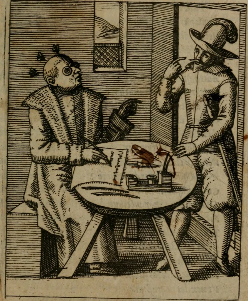 An illustration from Nebulo nebulonum, hoc est, Jocoseria nequitiae censura : qua hominum scelestorum doli, fraudes, fallaciae, & mores versuti vivis coloribus depinguntur, aeriq[ue] incisi publico aspectui exponuntur, 1663, leaf 14