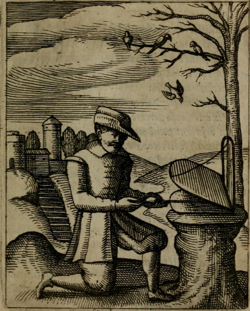 An illustration from Nebulo nebulonum, hoc est, Jocoseria nequitiae censura : qua hominum scelestorum doli, fraudes, fallaciae, & mores versuti vivis coloribus depinguntur, aeriq[ue] incisi publico aspectui exponuntur, 1663, leaf 142