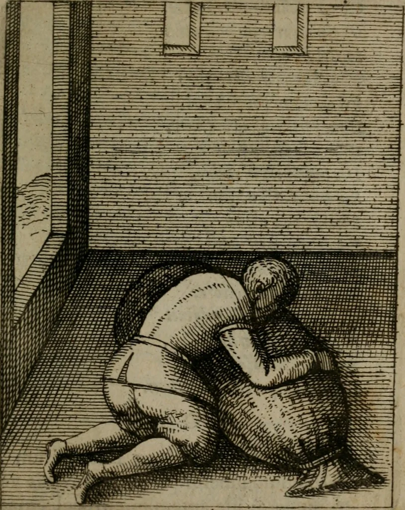 An illustration from Nebulo nebulonum, hoc est, Jocoseria nequitiae censura : qua hominum scelestorum doli, fraudes, fallaciae, & mores versuti vivis coloribus depinguntur, aeriq[ue] incisi publico aspectui exponuntur, 1663, leaf 152