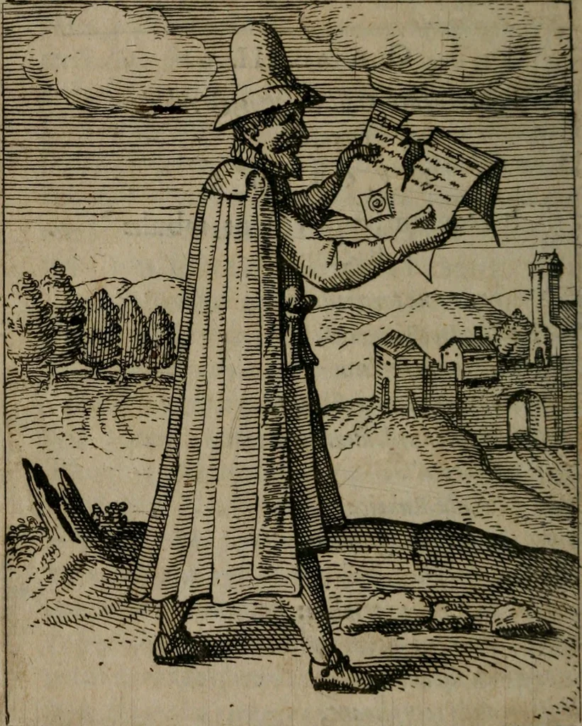 An illustration from Nebulo nebulonum, hoc est, Jocoseria nequitiae censura : qua hominum scelestorum doli, fraudes, fallaciae, & mores versuti vivis coloribus depinguntur, aeriq[ue] incisi publico aspectui exponuntur, 1663, leaf 27